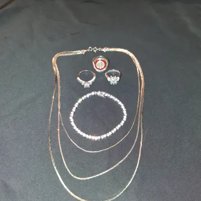 Vintage Style Jewelry Lot - 3 Statement Rings, Layered Necklace & Crystal Tennis Bracelet Set