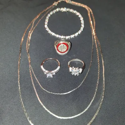 Vintage Style Jewelry Lot - 3 Statement Rings, Layered Necklace & Crystal Tennis Bracelet Set