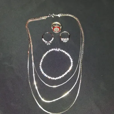 Vintage Style Jewelry Lot - 3 Statement Rings, Layered Necklace & Crystal Tennis Bracelet Set