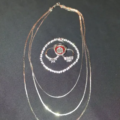 Vintage Style Jewelry Lot - 3 Statement Rings, Layered Necklace & Crystal Tennis Bracelet Set