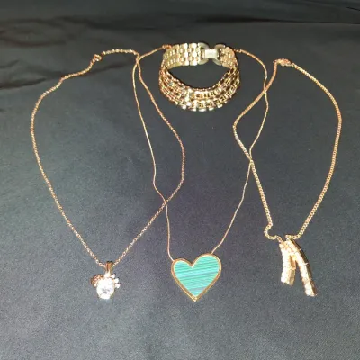 Vintage Gold Jewelry Lot - Panther Link Bracelet, Heart & Rhinestone Necklaces