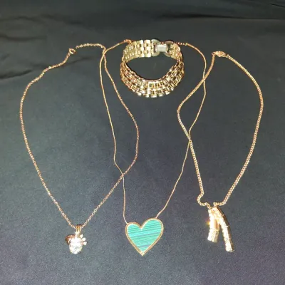 Vintage Gold Jewelry Lot - Panther Link Bracelet, Heart & Rhinestone Necklaces