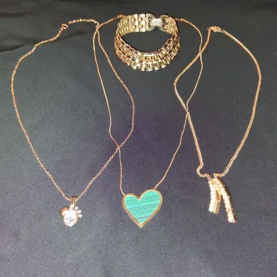 Vintage Gold Jewelry Lot - Panther Link Bracelet, Heart & Rhinestone Necklaces