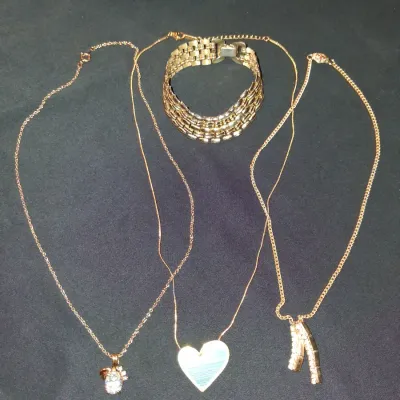 Vintage Gold Jewelry Lot - Panther Link Bracelet, Heart & Rhinestone Necklaces