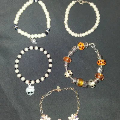 Monster High Skull & Pearl Bracelet Lot - Y2K Boho Flower Charm Bundle 5pc