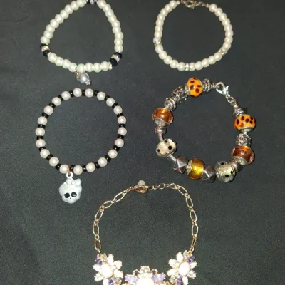 Monster High Skull & Pearl Bracelet Lot - Y2K Boho Flower Charm Bundle 5pc