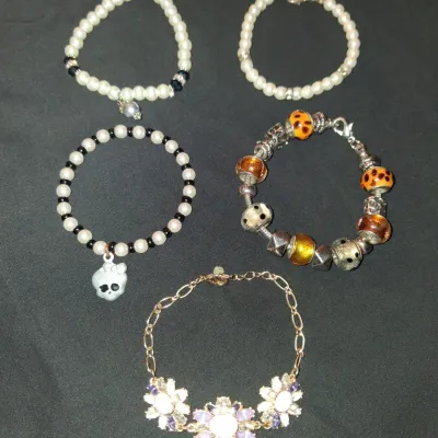 Monster High Skull & Pearl Bracelet Lot - Y2K Boho Flower Charm Bundle 5pc