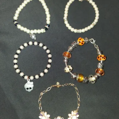 Monster High Skull & Pearl Bracelet Lot - Y2K Boho Flower Charm Bundle 5pc