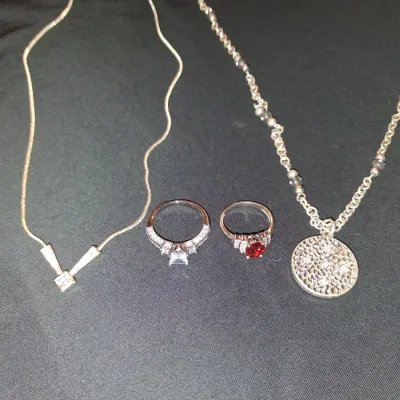 Jewelry Bundle Set: Gold V Necklace, Coin Pendant, & 2 Gemstone Rings