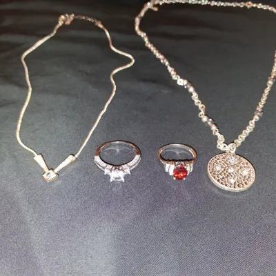 Jewelry Bundle Set: Gold V Necklace, Coin Pendant, & 2 Gemstone Rings