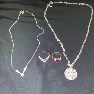 Jewelry Bundle Set: Gold V Necklace, Coin Pendant, & 2 Gemstone Rings