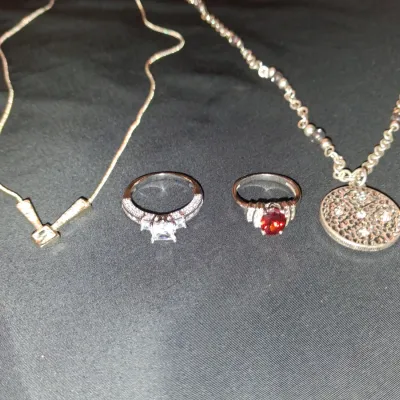 Jewelry Bundle Set: Gold V Necklace, Coin Pendant, & 2 Gemstone Rings