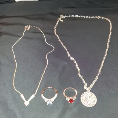 Jewelry Bundle Set: Gold V Necklace, Coin Pendant, & 2 Gemstone Rings