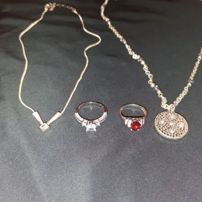 Jewelry Bundle Set: Gold V Necklace, Coin Pendant, & 2 Gemstone Rings