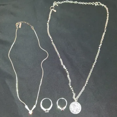 Jewelry Bundle Set: Gold V Necklace, Coin Pendant, & 2 Gemstone Rings