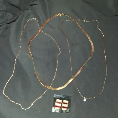 Gold Jewelry Lot - Herringbone Chain, Pendant Necklace & Geometric Earrings