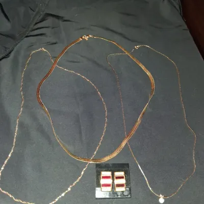 Gold Jewelry Lot - Herringbone Chain, Pendant Necklace & Geometric Earrings