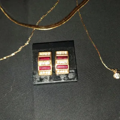 Gold Jewelry Lot - Herringbone Chain, Pendant Necklace & Geometric Earrings