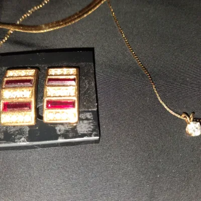 Gold Jewelry Lot - Herringbone Chain, Pendant Necklace & Geometric Earrings