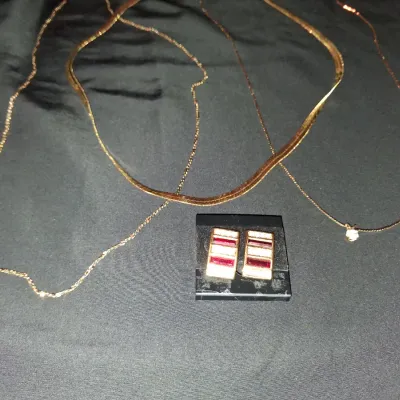 Gold Jewelry Lot - Herringbone Chain, Pendant Necklace & Geometric Earrings