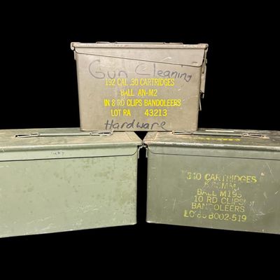 Sale Photo Thumbnail #145: Includes two large cans, and one smaller can. Total of three ammo cans. All are in working order. Measurement of largest: 12”L x 6”W x 7.5”H. [CS]