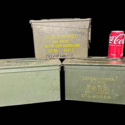 Sale Photo Thumbnail #147: Includes two large cans, and one smaller can. Total of three ammo cans. All are in working order. Measurement of largest: 12”L x 6”W x 7.5”H. [CS]