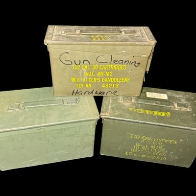 Sale Photo Thumbnail #146: Includes two large cans, and one smaller can. Total of three ammo cans. All are in working order. Measurement of largest: 12”L x 6”W x 7.5”H. [CS]