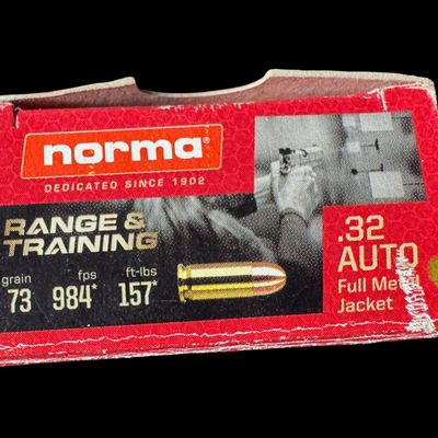 Sale Photo Thumbnail #210: Includes an unopened box of Winchester .40 S&W, 165 grain, full metal jacket ammo (100 rounds); 36 rounds of Norma .32 auto, 73 grain, full metal jacket ammo; and 5 rounds of Remington .40 S&W, 165 grain, hollow point ammo. Total of 141 rounds. NO SHIPPIN