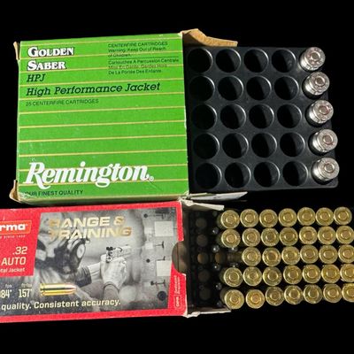 Sale Photo Thumbnail #208: Includes an unopened box of Winchester .40 S&W, 165 grain, full metal jacket ammo (100 rounds); 36 rounds of Norma .32 auto, 73 grain, full metal jacket ammo; and 5 rounds of Remington .40 S&W, 165 grain, hollow point ammo. Total of 141 rounds. NO SHIPPIN