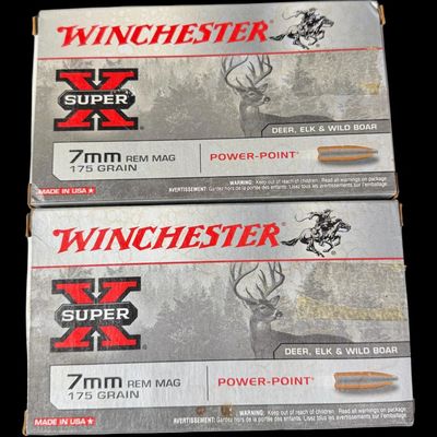 Sale Photo Thumbnail #212: Includes two boxes of 20 rounds of Winchester 7mm REM Mag, 175 grain, Power-Point ammo. Total of 40 rounds. NO SHIPPING ON AMMUNITION. [CS]