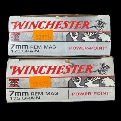 Sale Photo Thumbnail #214: Includes two boxes of 20 rounds of Winchester 7mm REM Mag, 175 grain, Power-Point ammo. Total of 40 rounds. NO SHIPPING ON AMMUNITION. [CS]