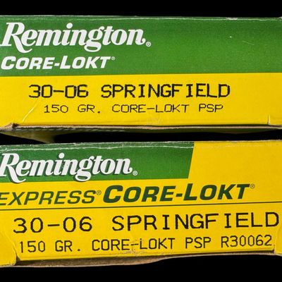 Sale Photo Thumbnail #222: Includes two full boxes of 20 rounds each of 30-06 Springfield, 150 grain Core-Lokt PSP ammo; and 25 assorted 30-06 rounds. Total of 65 rounds. NO SHIPPING ON AMMUNITION. [CS]