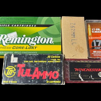 Sale Photo Thumbnail #226: Includes a full box of 20 rounds of Remington 270 WIN, 150 grain Core-Lokt SP ammo; a full box of 50 rounds of TulAmmo .30 carbine, 110 grain, full metal jacket ammo; a full box of 50 rounds of .30 caliber carbine military ammo; 35 rounds of Winchester .1
