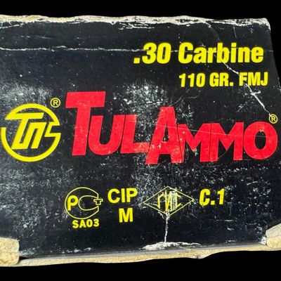 Sale Photo Thumbnail #231: Includes a full box of 20 rounds of Remington 270 WIN, 150 grain Core-Lokt SP ammo; a full box of 50 rounds of TulAmmo .30 carbine, 110 grain, full metal jacket ammo; a full box of 50 rounds of .30 caliber carbine military ammo; 35 rounds of Winchester .1
