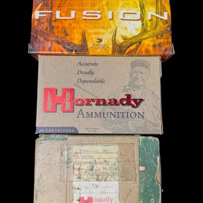 Sale Photo Thumbnail #232: Includes a full box of 20 rounds of Hornady 30-06 SPRG, 150 grain SP ammo; a full box of 20 rounds of Fusion 30-06 Spring., 150 grain ammo; and 20 assorted rounds of 30-06 ammo. Total of 60 rounds. NO SHIPPING ON AMMUNITION. [CS]