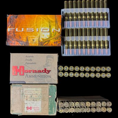 Sale Photo Thumbnail #233: Includes a full box of 20 rounds of Hornady 30-06 SPRG, 150 grain SP ammo; a full box of 20 rounds of Fusion 30-06 Spring., 150 grain ammo; and 20 assorted rounds of 30-06 ammo. Total of 60 rounds. NO SHIPPING ON AMMUNITION. [CS]