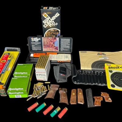 Sale Photo Thumbnail #258: Includes a bore sighter, cleaning kits, wood grips (including Colt), 12-gauge ammo, and .38 target ammo. The ammunition is not complete boxes. NO SHIPPING ON AMMUNITION. [RS]