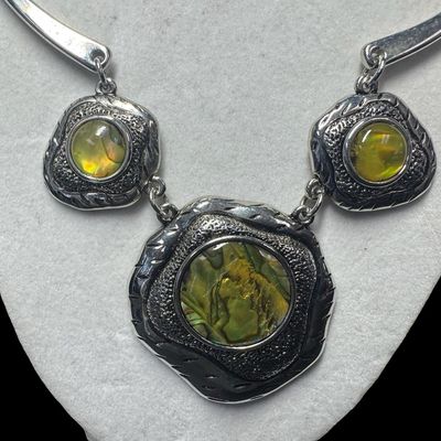 Sale Photo Thumbnail #265: Includes an abalone inlay necklace, a smoky quartz style amulet, and an onyx and rhinestone ring. Total of three pieces. [RS]