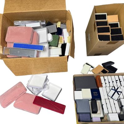 Sale Photo Thumbnail #305: Includes over 100 jewelry boxes. Some are vintage. There are cardboard, plastic, and covered metal boxes. [RS]