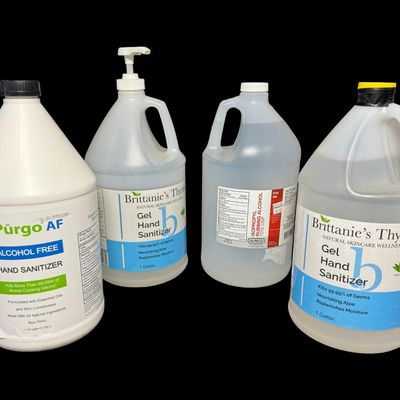 Sale Photo Thumbnail #345: Includes one gallon of 70% isopropyl alcohol, two full gallons of hand sanitizer, and one partially full gallon bottle of sanitizer with pump. Total of four bottles. [RS]