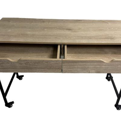 Sale Photo Thumbnail #358: This piece features a light wood veneer over wood. It has two drawers, with a black metal base. Measurement: 47.25”W x 32.5”H x 19”D. [RS]