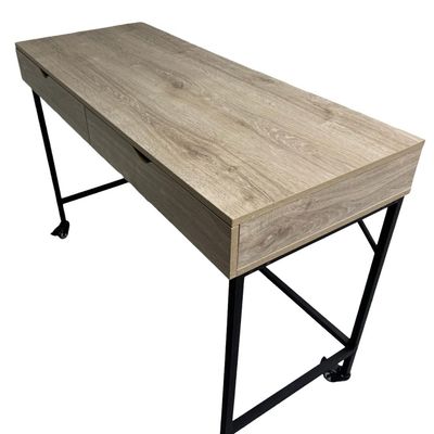 Sale Photo Thumbnail #359: This piece features a light wood veneer over wood. It has two drawers, with a black metal base. Measurement: 47.25”W x 32.5”H x 19”D. [RS]