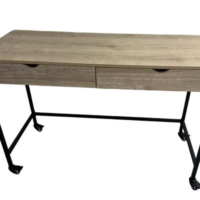Sale Photo Thumbnail #357: This piece features a light wood veneer over wood. It has two drawers, with a black metal base. Measurement: 47.25”W x 32.5”H x 19”D. [RS]
