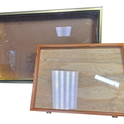 Sale Photo Thumbnail #364: Includes one box with hinges, and no lock. Also includes a brass-tone metal display that is missing the key. Measurement of brass-tone box: 34” x 22.5”. [RS]