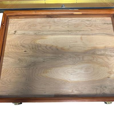Sale Photo Thumbnail #366: Includes one box with hinges, and no lock. Also includes a brass-tone metal display that is missing the key. Measurement of brass-tone box: 34” x 22.5”. [RS]