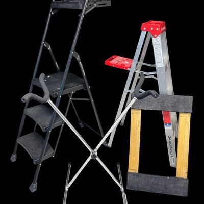 Sale Photo Thumbnail #396: Includes a Gorilla ladder with platform, a Louisville aluminum ladder, a furniture dolly, and a boat display stand. Total of four pieces. [RS]