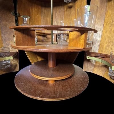 Sale Photo Thumbnail #5: 1) Vintage Wooden Barrel Bar Cabinet with Spinning Bottle Rack and Mixed Glasses.                           