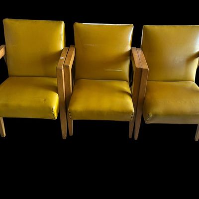 Sale Photo Thumbnail #14: 4) Three butt MCM Sofa w/Arms and 3 Separate Matching Arm Chairs of yellow vinyl mid-century style chairs.Iconic Design.  