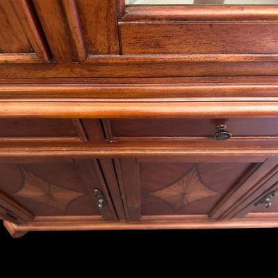 Sale Photo Thumbnail #21: 6) 82"T × 54"W × 19"D 3 glass upper display doors  3 middle pull-out drawers  3 lower cabinet doors featuring diamond sunburst wood marquetry  curved bun feet. Dimensions: 82" H x 54" W x 19" D  