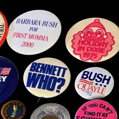 Sale Photo Thumbnail #40: Lot of Political and Novelty Buttons plus Small Pins.                           